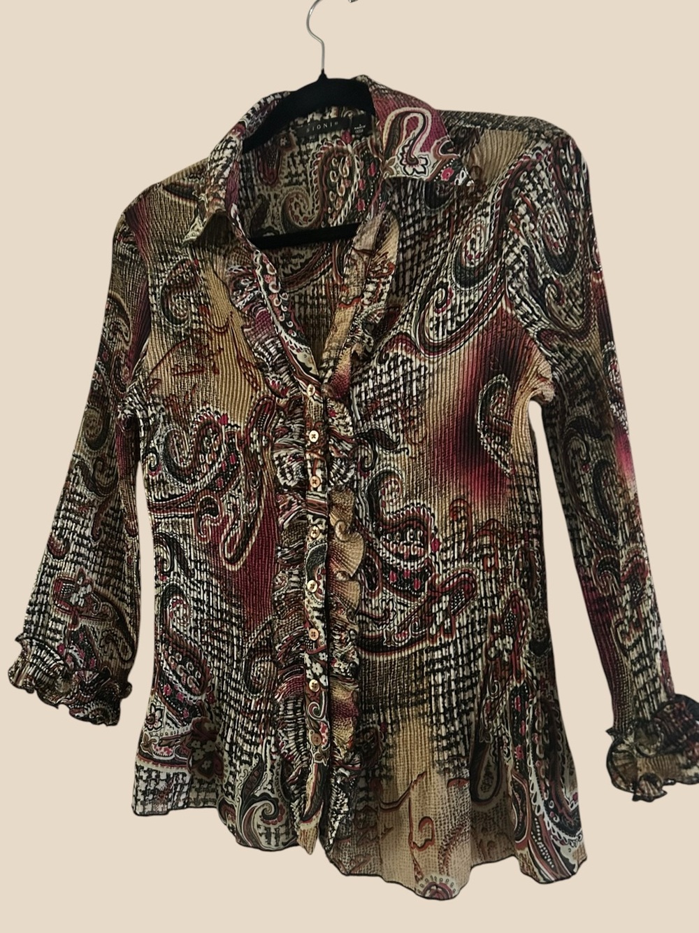 Sioni Paisley Ruffle Button-Down Top - Burgundy, Beige, Black - Picture 2 of 9